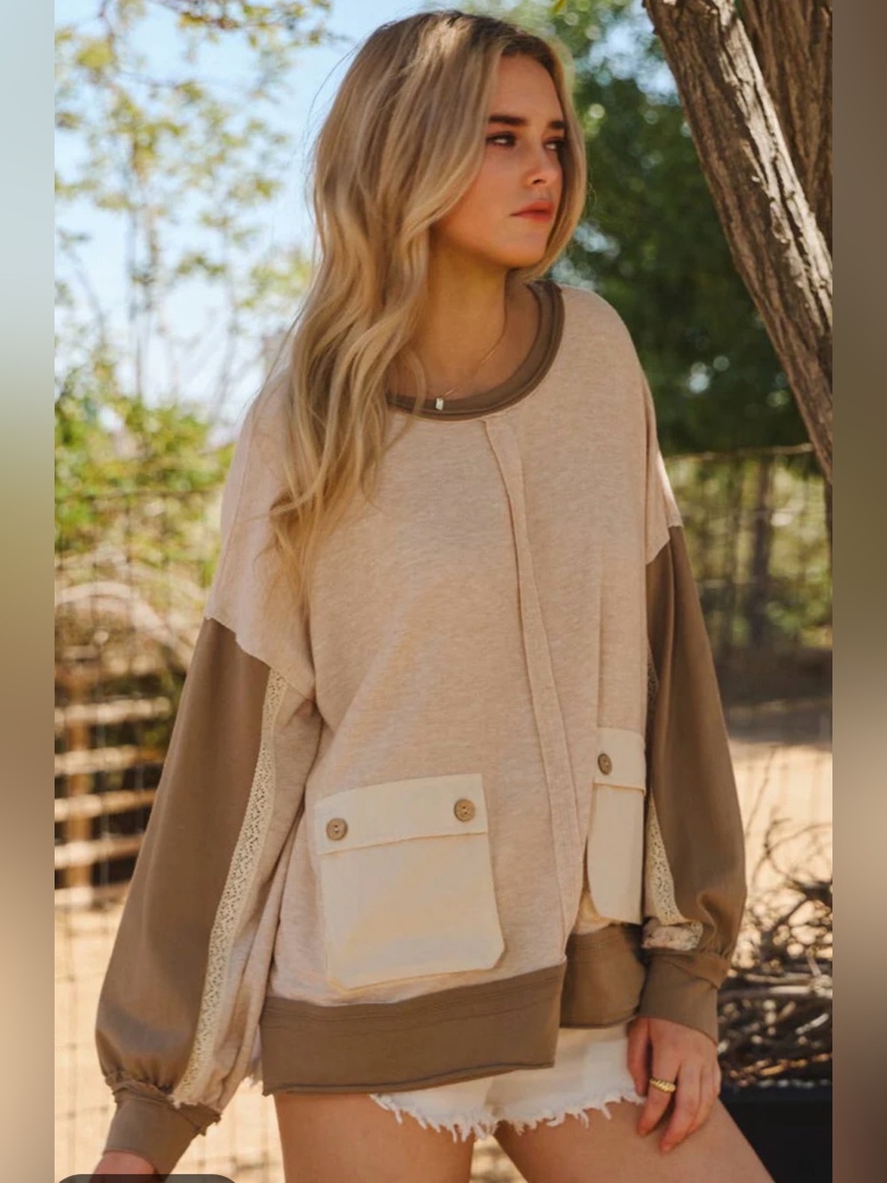 Oddi Color Block Top in Oatmeal